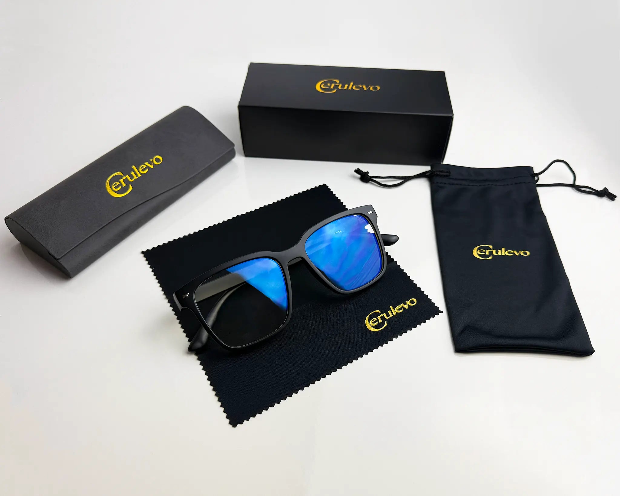 Komplettset Schwarz Cerulevo Seruce  Brille Schwarz Transparent mit Putztuch Brillencase Tasche c9t