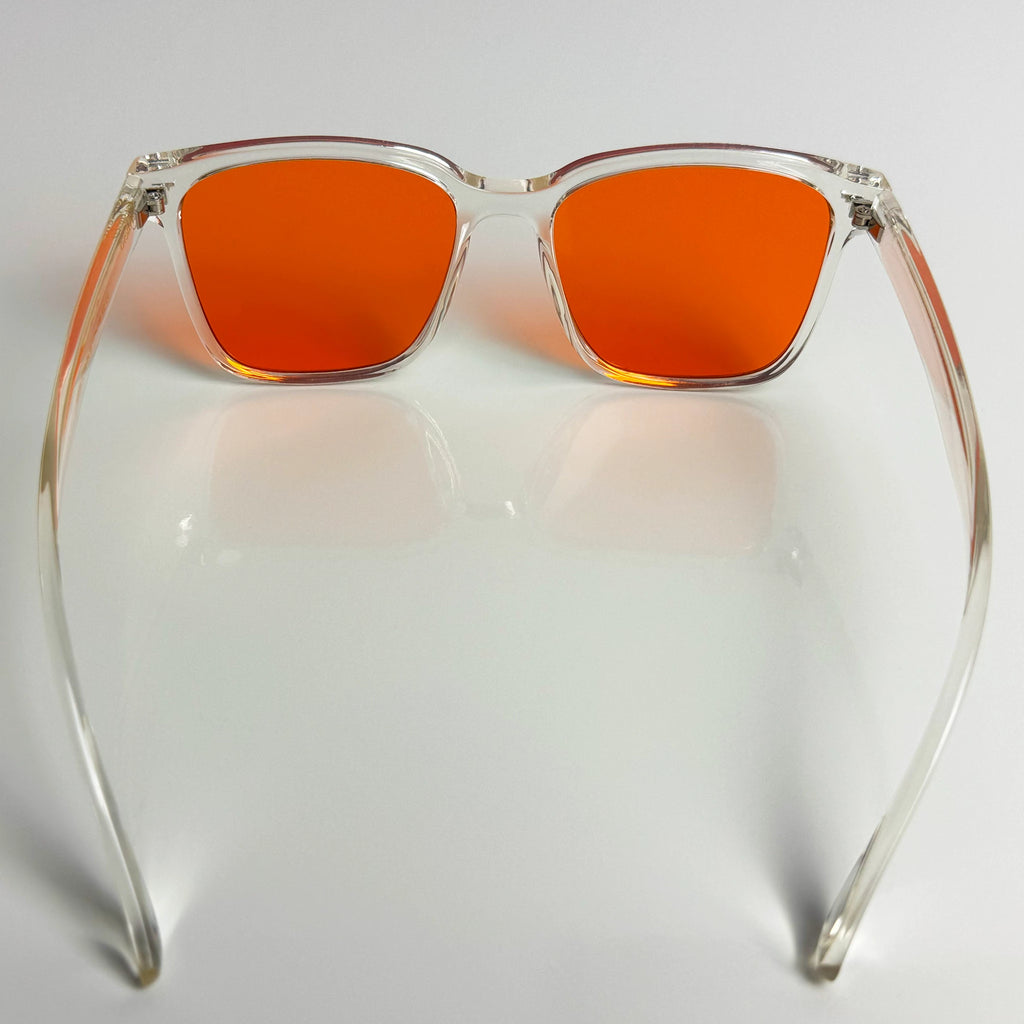 Blaulichtfilterbrille Cerulevo Modell Seruce transparent mit orangenen Gläsern hinten