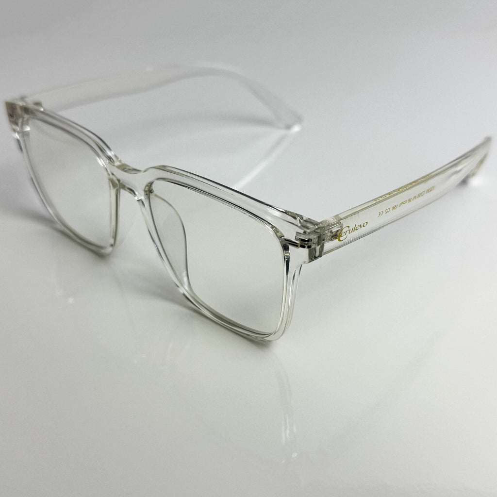 Blaulichtfilterbrille Cerulevo Modell Seruce transparent mit transparenten Gläsern vorne Winkel